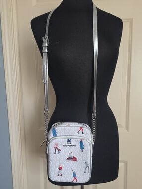 Michael Kors White Logo Canvas Crossbody with Silver Strap and Playful Figures
